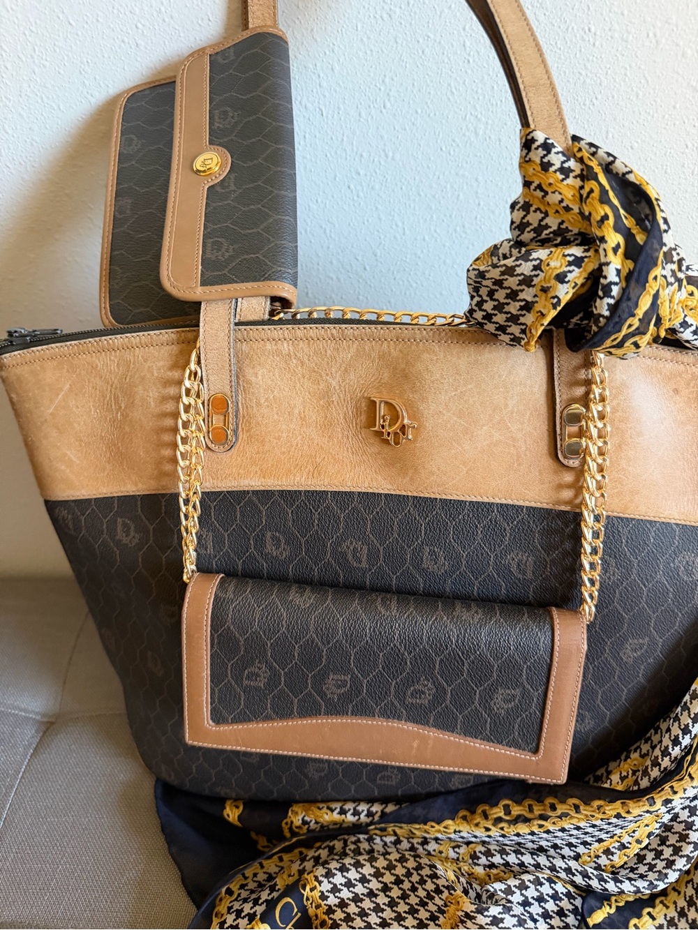 Dior Black Honeycomb & Tan Leather Vintage Tote, Long Wallet, Pouch & Scarf Set! - Picture 2 of 16